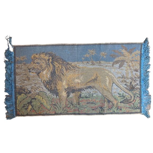 Lion Tapestry with Royal Blue Fringe King of the Jungle Wall Hanging Vintage 60s - Picture 7 of 8